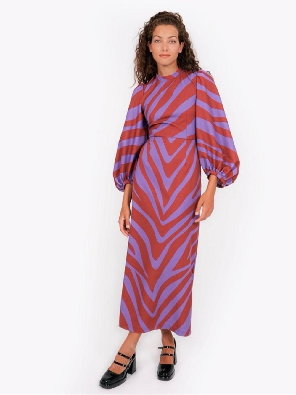LAAGAM funky zebra stripe asymmetrical open back balloon sleeve maxi dress M